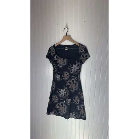 Y2K Knapp Studio Floral Mini Dress S Navy Cap Sleeve Made in USA Retro Grunge - Picture 1 of 7